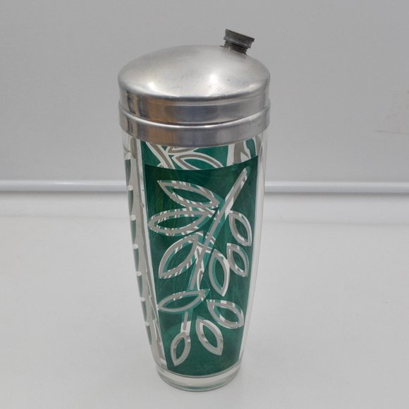 Mid Century Bar Shaker Leaf Design Kelly Green Drinkware Barware Cobbler Shaker - Picture 3 of 8